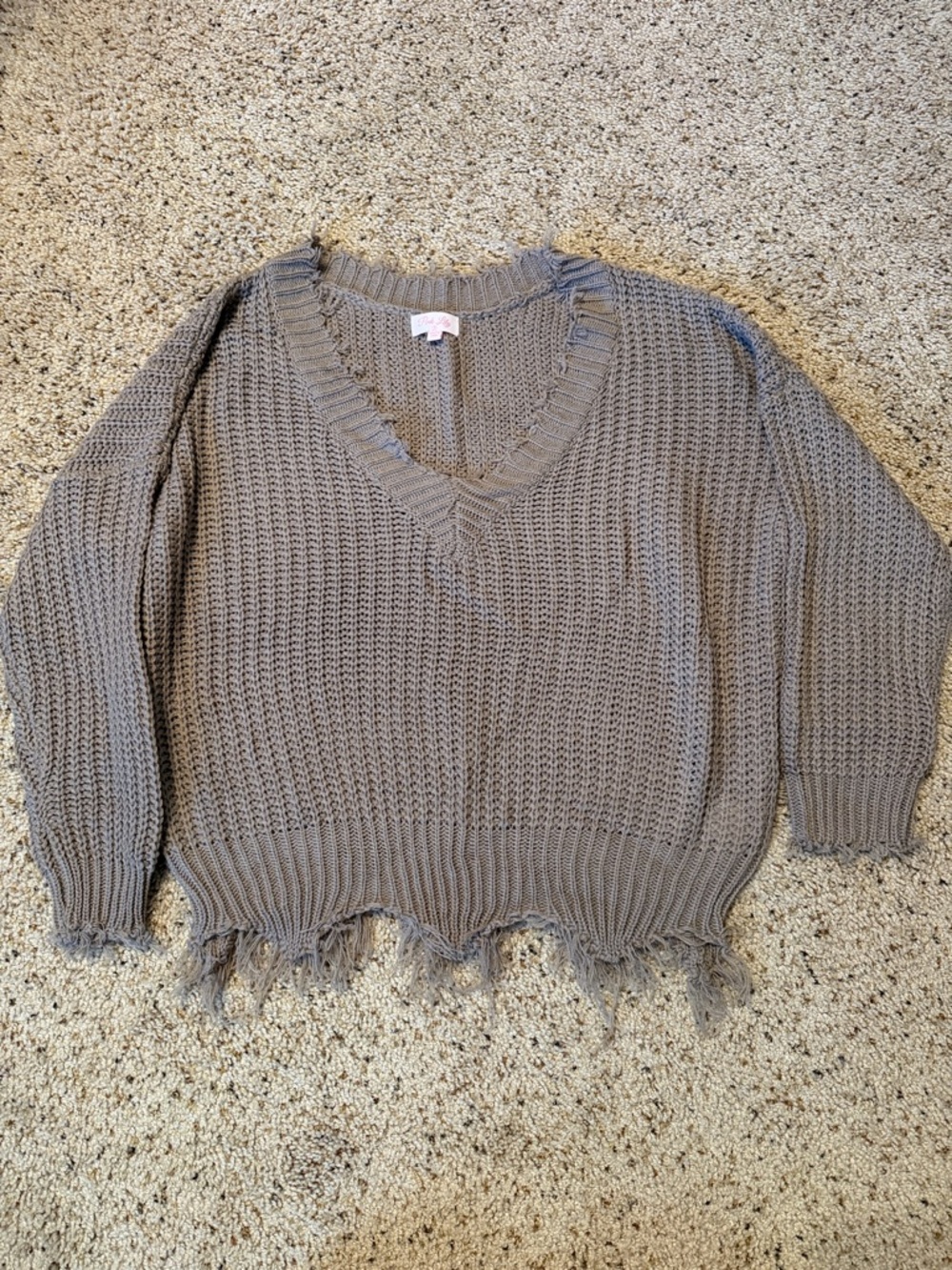 Women’s pink lily Distressed V-Neck Knit Sweater in Taupe color- small